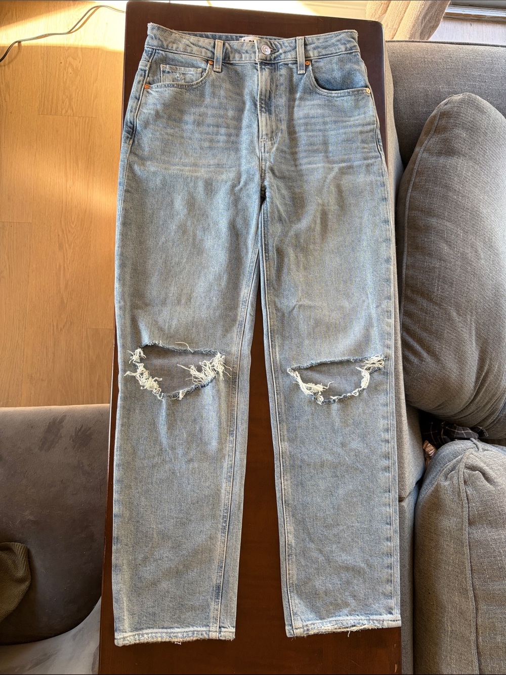 PAIGE Light Blue Straight Jeans with Knee Rips